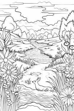 flower meadow with animals and a stream and a sunrise