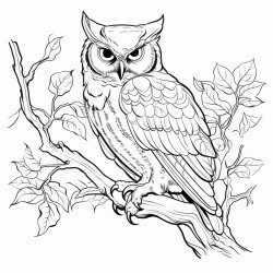coloring page owl perched on a tree branch with leaves around no shading high details thick lines