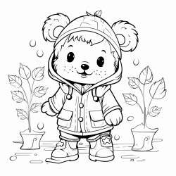 osito tierno con botas de lluvia pisando hojas secas de otoo en su patio cute
