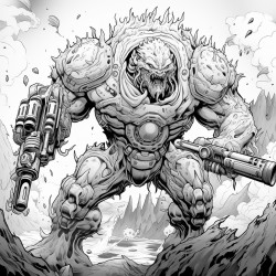 monster made of lava shooting a lava minigun