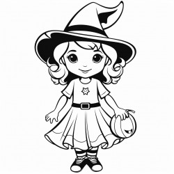 line drawing of 10 or 12 year old srilankan girl wearing witch costume