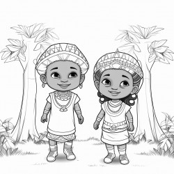 professional sketch drawing of  african boy and a girl  chlid playing in the forest for coloring book coloring page