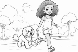 beautiful  african american young girl walking with cute fluffy puppy