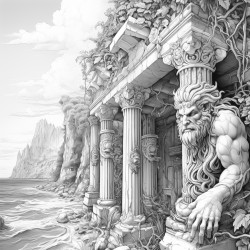 ancient city columns ivy near sea ancient god coming from sea