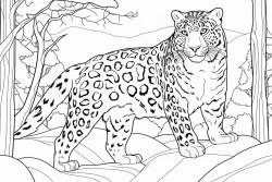 illustrate an amur leopard stealthily moving through a snowy forest with dense trees and underbrush