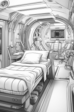 space ship cabin c bed with screens with desk space futuristic detail coloring book