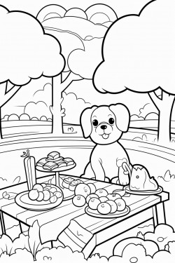 picnic scene in the park with sandwiches fruits and playful puppies