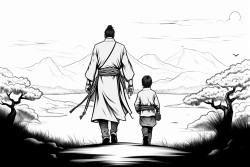 man and son walking into the sunset shadows portray samurai