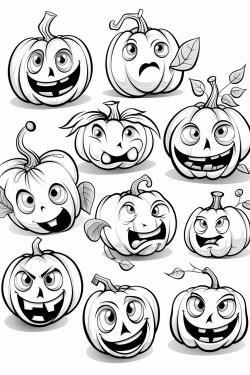 draw a variety of pumpkins with different facial expressionshappy silly spooky and surprised