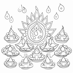 create a vibrant arrangement of clay lamps diyas with bright flames decorated with colorful rangoli in the background