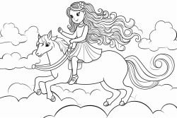 princess riding a unicorn on the clouds with rainbow in the background