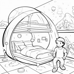 futuristic space house with glass ceiling and boy in bed