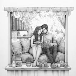 raining  couple back  window  bookshelf  coffee