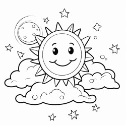 a serene planet with a ring system adorned with cute clouds and a smiling sun