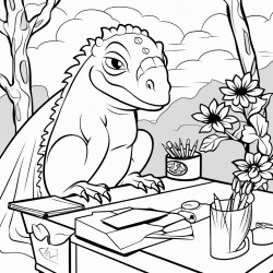 an iguana at a desk in the forest