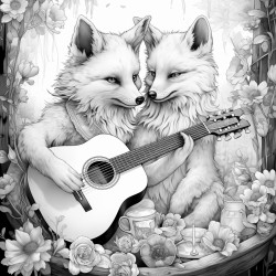 fox playing guitar in a magical forest two girl best friends in a room col