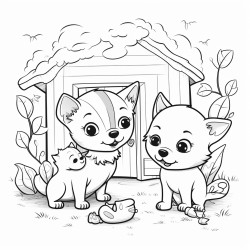 cute kids dogs and cat playing in the garden coloring book for toddlers