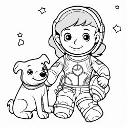 a simple almost clipart like of a kid astronaut and her dog in space
