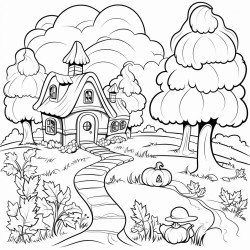 seasonal sutumn colouring age with pumpinks a cottage around a forest sunset with some small clouds