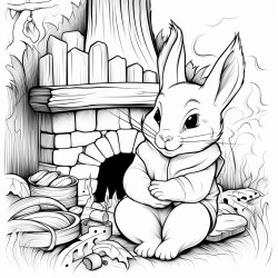 a cute rabbit curled up by a cozy fireplace with a stack of firewood nearby
