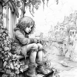 a halfling at the veranda with shrubbery on a deluge evening