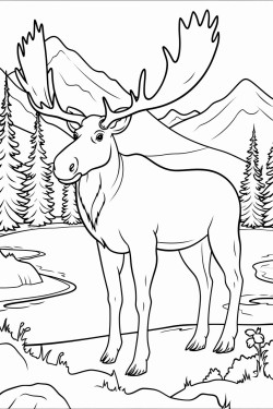 moose in a forest clearing a moose standing in an open forest clearing with trees and mountains in the distance