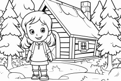 a cute little girl in a forest standing in front of a wooden cottage