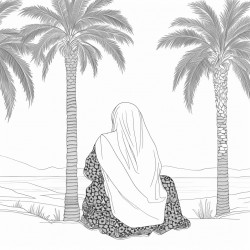 view of muslim lady from behind sitting under a palm tree