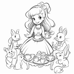 a princess having a tea party with a group of animals like bunnies squirrels and birds