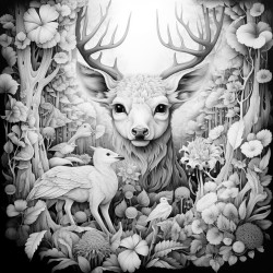 an abstract representation of animals in thick forest with lots of imaginations