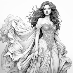 colouring pages beautiful whole body woman with a long flowing dress no shading not many lines large areas for colouring