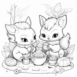 chibi style forest animals drinking tea autumn scene cozy