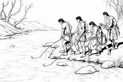 native americans crossing a river on foot using a grapevine as a rope to keep them connected