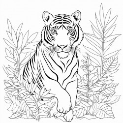 big tiger with tropical leaves or flowers