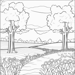 make me a drawing page of trees and a field with flowers