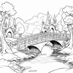 a lake with a bridge and elves