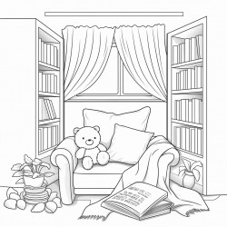 cozy reading nook  a window seat with fluffy cushions a soft blanket and a stack of kawaiithemed books