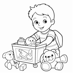 a 3year old boy putting toys in his toy box