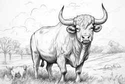 buffalo head with long horns and bird perched on horn