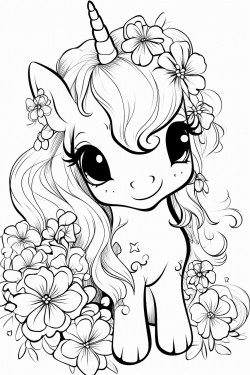 baby chibi unicorn with lots of flowers in a field