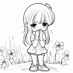 a girl crying big tears standing on grass with flowers