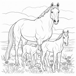 2 horses a mom and a baby in a field