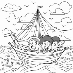 worried boys working into a big boat with a big storm