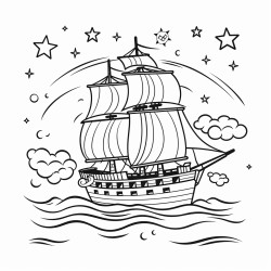 a pirate ship sailing under a starry sky