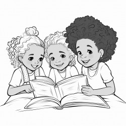 3 little afrolatina girls ages 2 4 and 5 smiling while reading a book on a bed