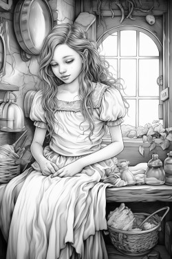 a little girl fairy is doing laundry in a fantasy house