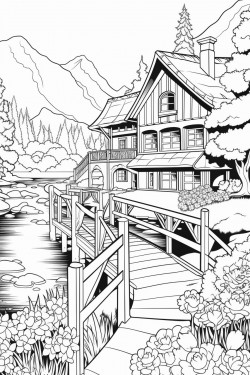switzerland landscape with a quaint stone house surrounded by flowers wooden dock extending into a lake