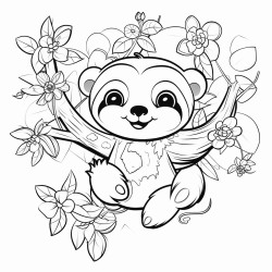 cute sloth hanging from a forest tree with flowers and butterflys