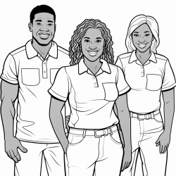 african american staff members 2 man and 2 women smiling wearing polo shirts and work boots