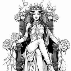 a gothic queen on her throne wearing a crown of thorns surrounded by black roses
